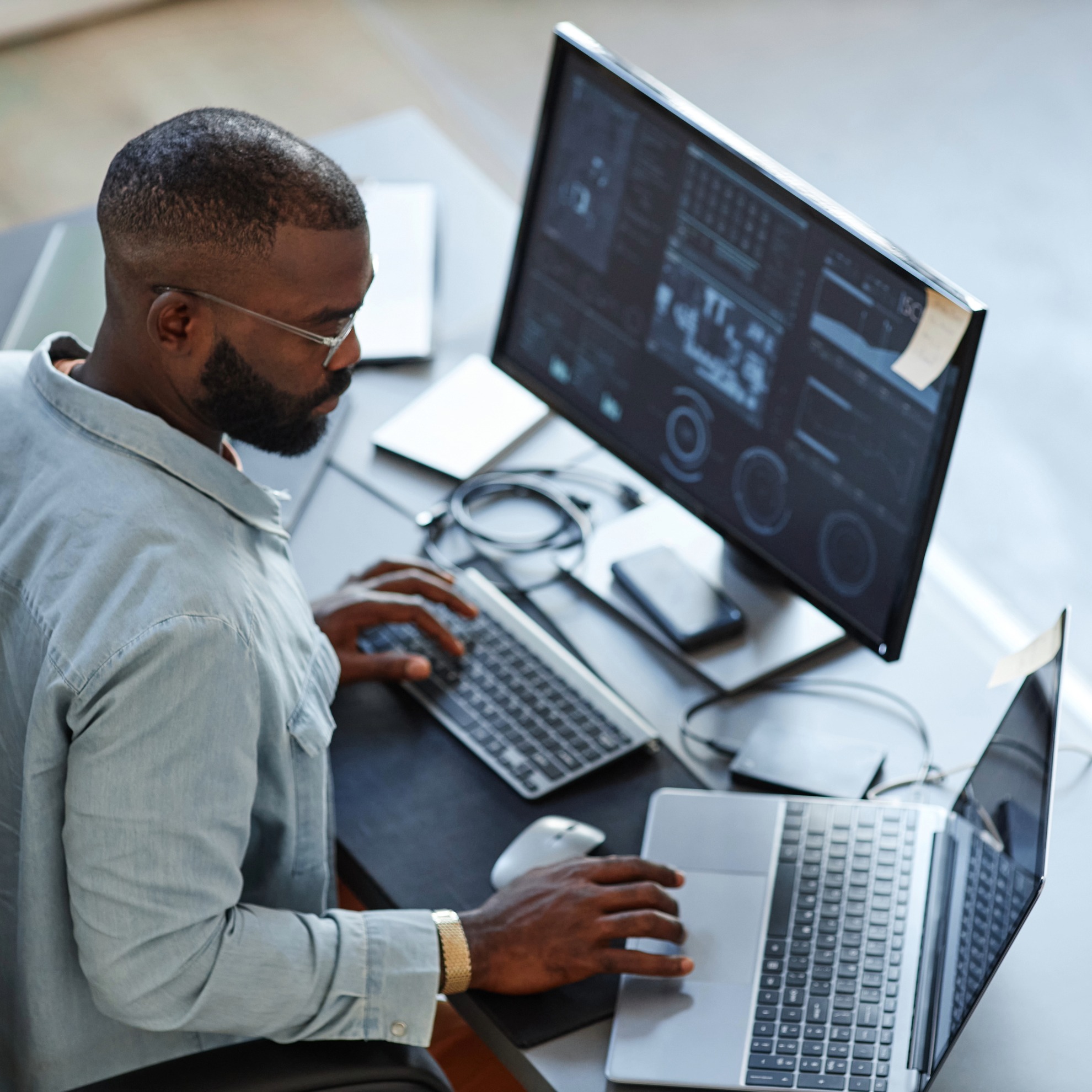 Mid-size law firm attorney working in a modern office