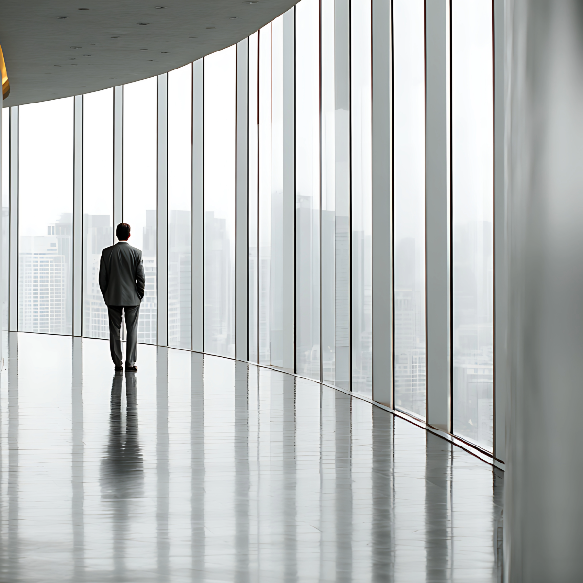 Professional looking out over the city from a glass office